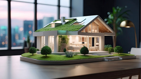 3D rendering of a small house on a table in the officeの素材