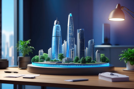 Futuristic city on the table. 3d rendering mock upの素材