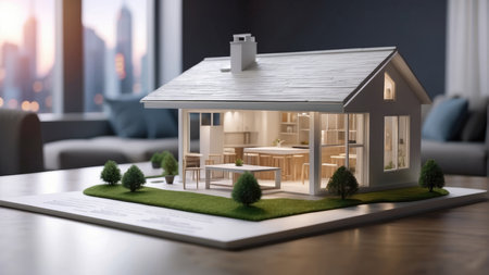 Model of a house on a table in a living room. 3d renderingの素材