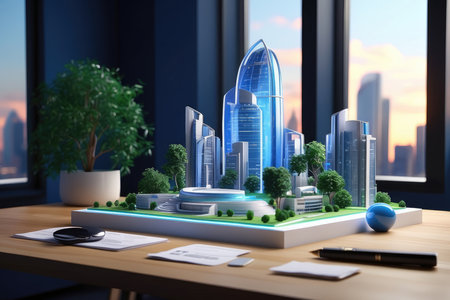 3D render of a modern city with skyscrapers and high buildingsの素材