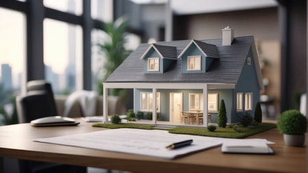 House model on table. Real estate concept. 3D rendering.の素材