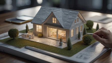 Real estate agent presenting house model to buyer. 3D rendering.の素材