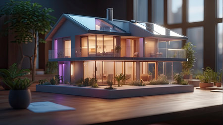 3D rendering of a modern house in the city at night.の素材