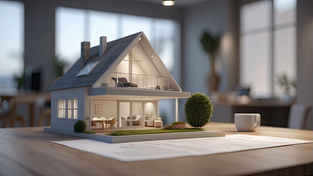 3D render of a house model on a table in a cafeの素材