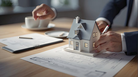 Real estate agent working with house model on desk. Real estate conceptの素材