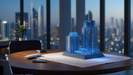 3d illustration of modern office interior with skyscrapers and city viewの素材