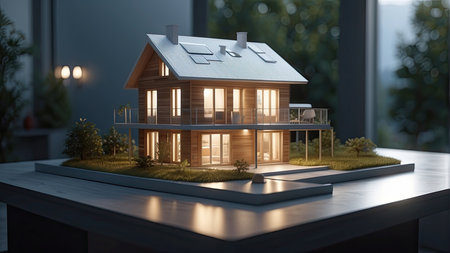 3d illustration of a wooden house on a table in the eveningの素材
