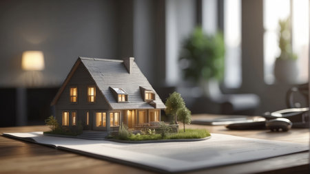 Real estate concept. Model of a house on the table. 3d renderingの素材