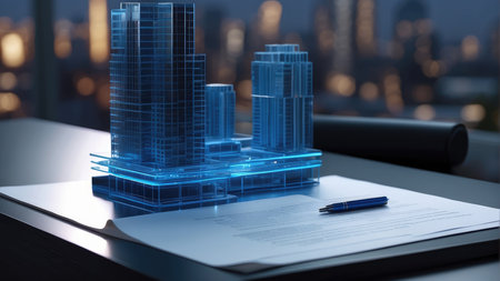 Architectural project with blue buildings on the table. 3d renderingの素材