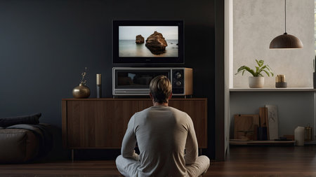 Young man watching television in the living room at home, back viewの素材