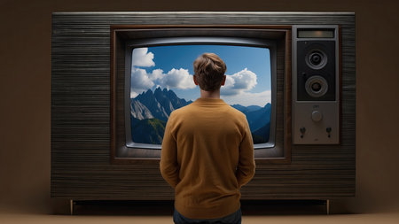 Man in front of old television with view of mountains in the backgroundの素材