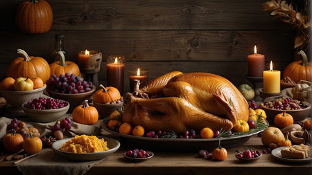 Thanksgiving dinner with turkey and pumpkins on rustic wooden backgroundの素材