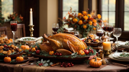 Thanksgiving dinner with roasted turkey and festive decoration on rustic tableの素材