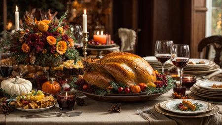 Thanksgiving dinner with roasted turkey, berries, pumpkins and candlesの素材