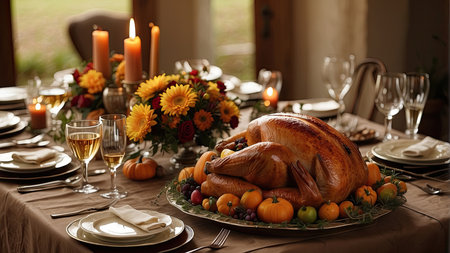 Thanksgiving dinner setting with roasted turkey on festive table, close upの素材