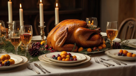 Roasted turkey on Christmas table with glasses of wine and candles.の素材