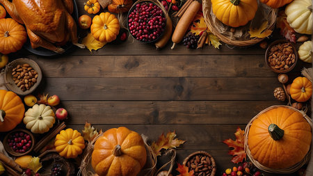 Thanksgiving background with pumpkins, apples, berries, nuts and dried leaves on a wooden tableの素材