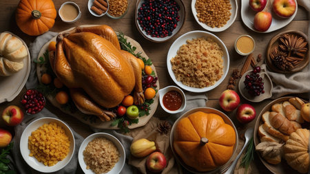 Thanksgiving dinner with roasted turkey, apples, berries and other foodの素材
