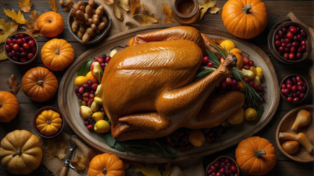 Thanksgiving day. Roasted turkey on wooden background with pumpkins, berries and apples.の素材
