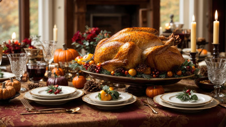 Thanksgiving table setting with roasted turkey, pumpkins, candies and berriesの素材
