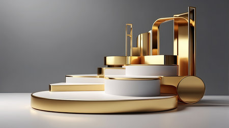 3d render of abstract geometric forms. Glossy golden podium for product presentation.の素材