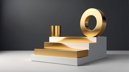 3d illustration of golden pedestal for product display. Abstract background.の素材