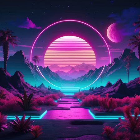 80s Retro Sci-Fi Background with Alien Planet - Illustrationの素材