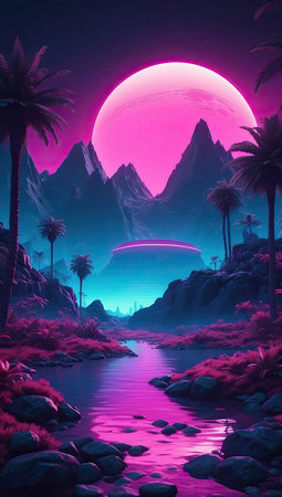 Fantasy landscape with mountains and river at night. 3D renderingの素材
