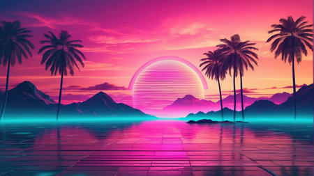 Fantasy island with palm trees and sunset. 3D illustration.の素材