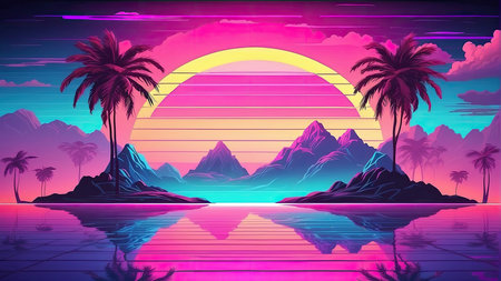 Sunset over the sea with palm trees and mountains. Vector illustrationの素材