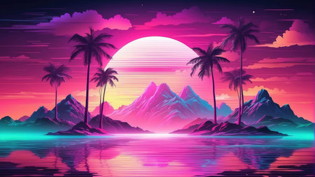 Sunset with palm trees and mountains. Vector illustration in neon colors.の素材