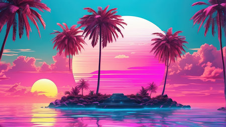 3D render of a tropical island with palm trees and a sunsetの素材