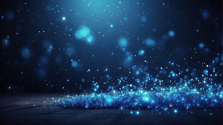 Glowing blue particles on dark background. 3d rendering toned imageの素材