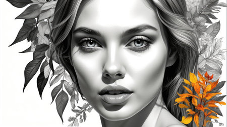 3D illustration of a beautiful young woman with flowers in her hairの素材