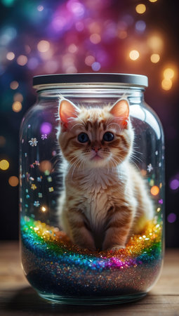 Cute ginger kitten sitting in a glass jar with Christmas decorations.の素材