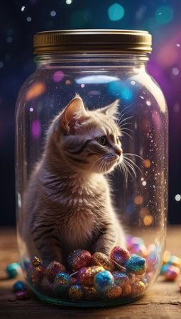 Cute little kitten sitting in a glass jar with Easter eggs.の素材