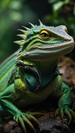 Close-up portrait of a green chameleon in the natureの素材