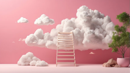 3d render of ladder with cloud and tree in pink room.の素材