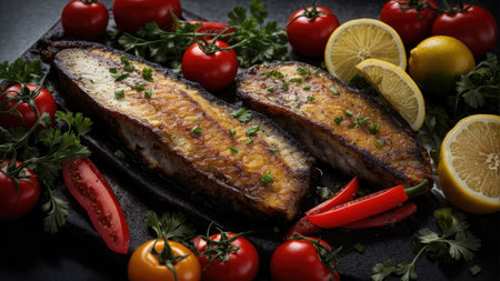 Fried mackerel fish with lemon and tomatoes on black stone backgroundの素材