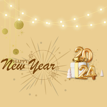 Happy New Year 2024. Greeting card with golden numbers, Christmas tree, snowflakes and lights.の写真素材