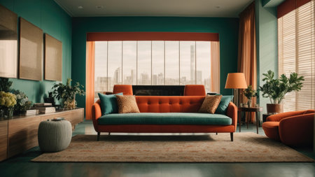 Interior of living room with green walls, carpeted floor, comfortable sofa and orange armchairs. 3d render