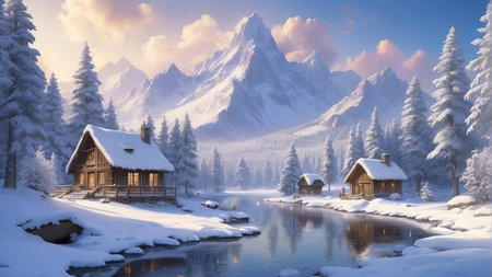 Beautiful winter landscape with mountains, lake and wooden chaletの素材