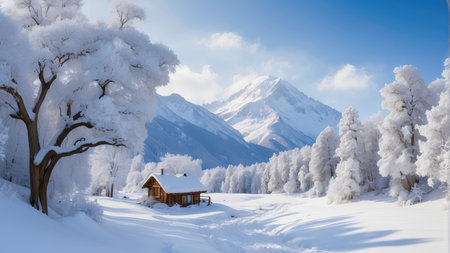 Beautiful winter landscape with snow covered trees and wooden house in the mountainsの素材