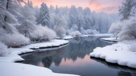 Beautiful winter landscape with river and trees in hoarfrost.の素材