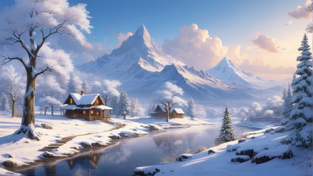 Beautiful winter landscape with mountains and lake in the background. 3d renderの素材