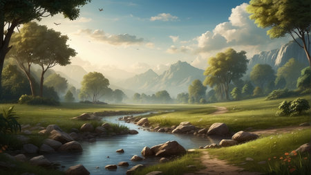 Beautiful landscape with river and mountain in the morning. 3d renderingの素材