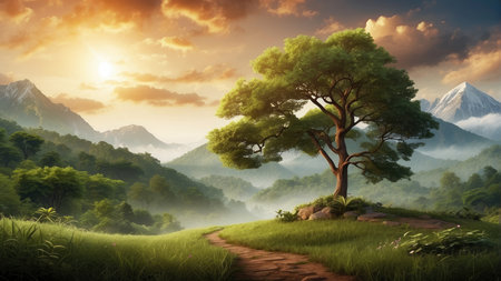 Beautiful landscape with a tree on the background of the mountains.の素材