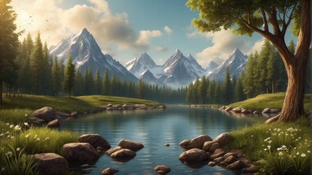 Mountain landscape with lake and forest. 3d render illustration.の素材