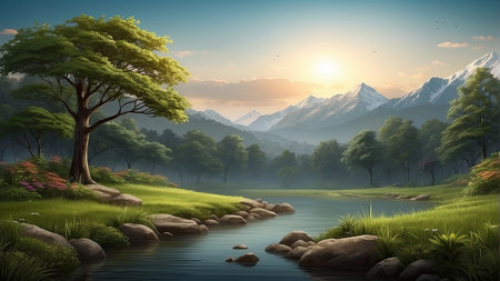Landscape with lake and mountain in the morning, vector illustration.の素材