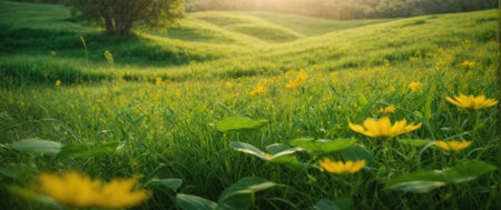 Green meadow with yellow flowers in sunset light, panoramic viewの素材